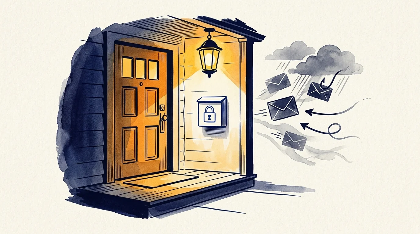 Watercolor illustration of a house porch with a locked mailbox warding off incoming envelope icons and fishhooks in the wind.