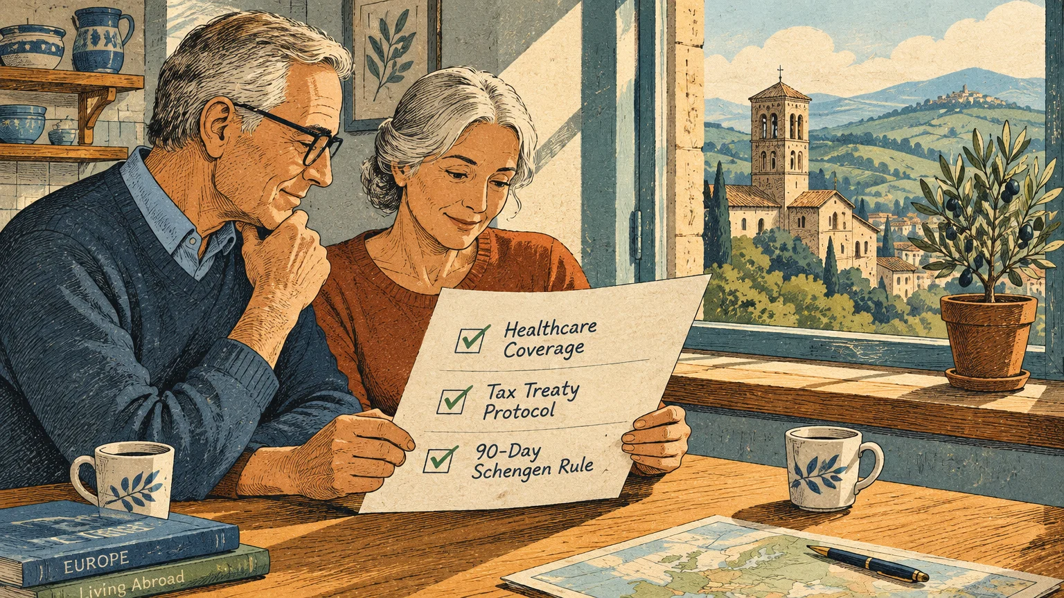 Older couple reviewing a retirement checklist at a sunny wooden table overlooking a scenic European village.
