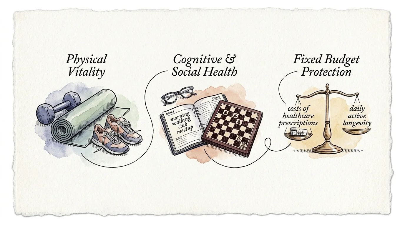 Three labeled illustrations showing fitness gear, a daily planner with a chessboard, and a balance scale.