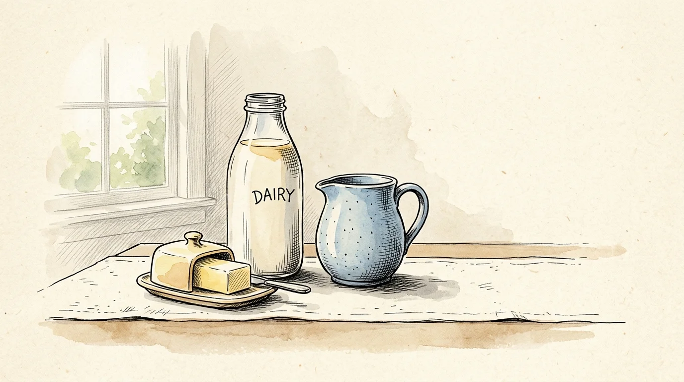Ink and watercolor sketch of a butter dish, a milk bottle labeled dairy, and a small blue pitcher on a tabletop.