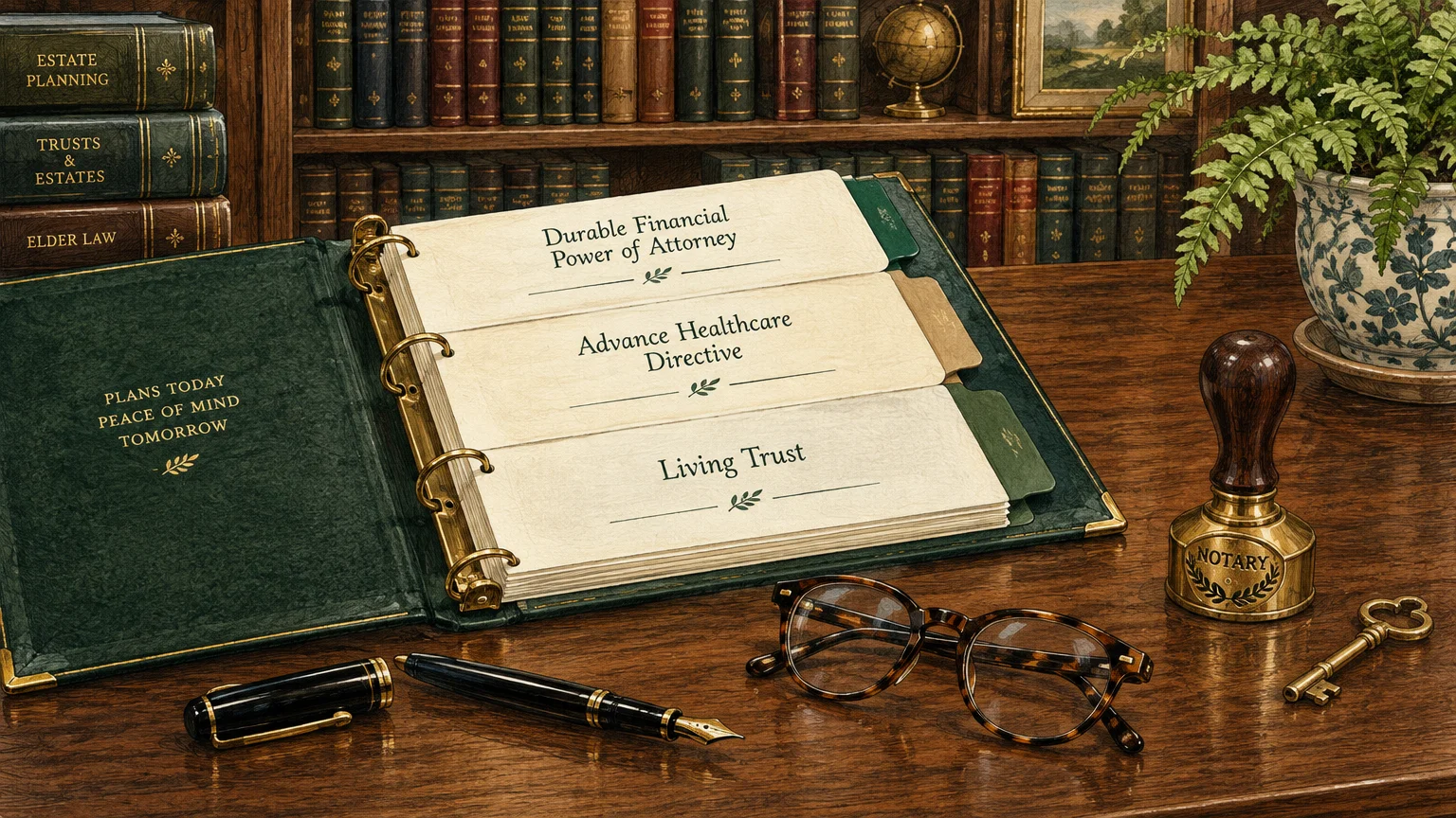 Binder open to estate tabs next to eyeglasses, a fountain pen, and a notary stamp on a wooden desk.