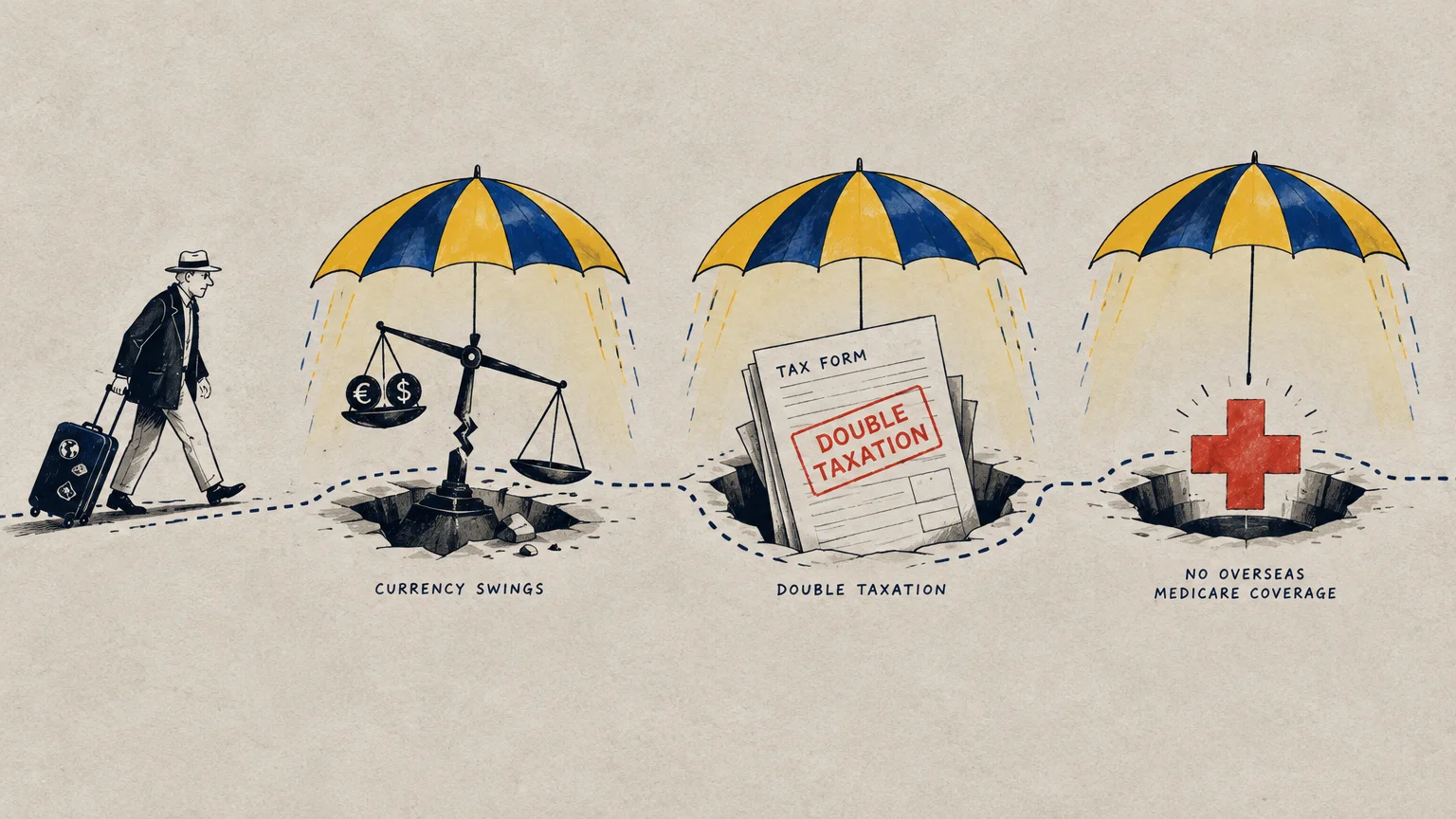 Illustration of a traveler walking past pitfall holes labeled currency swings, double taxation, and no Medicare coverage.