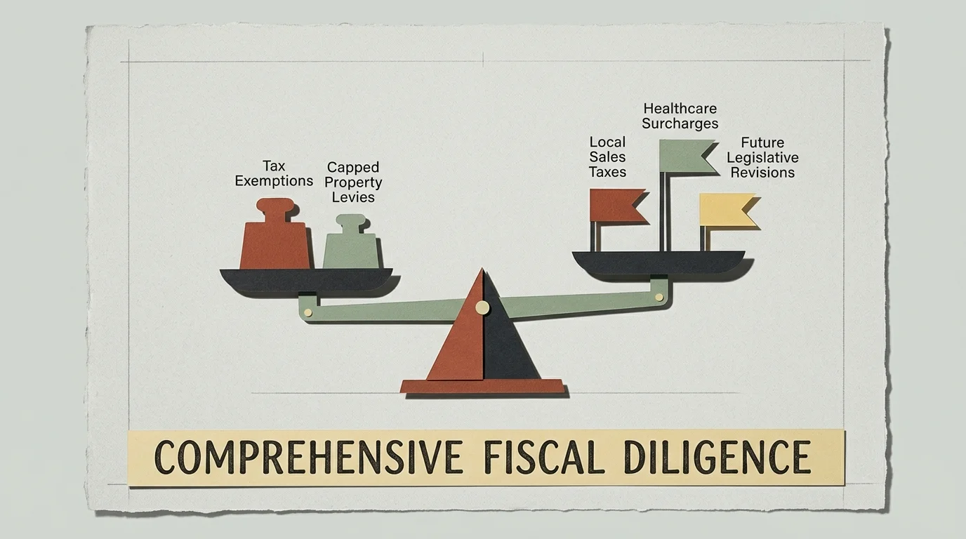 Paper cutout scale labeled Comprehensive Fiscal Diligence balancing weights and flags with financial terms.