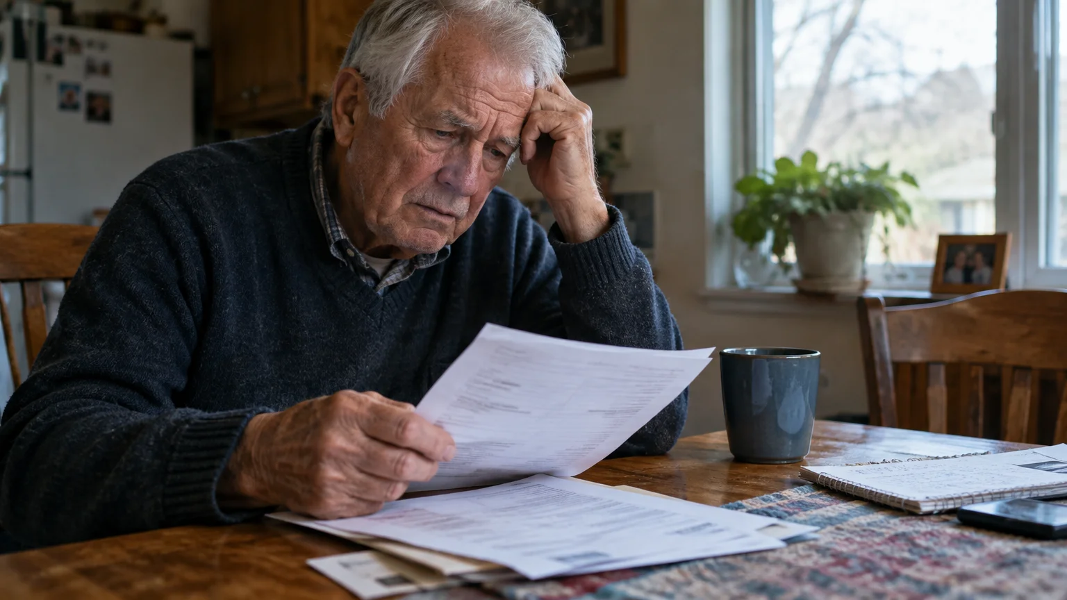 An older man with gray hair sits at a wooden table looking stressed while reviewing printed documents.