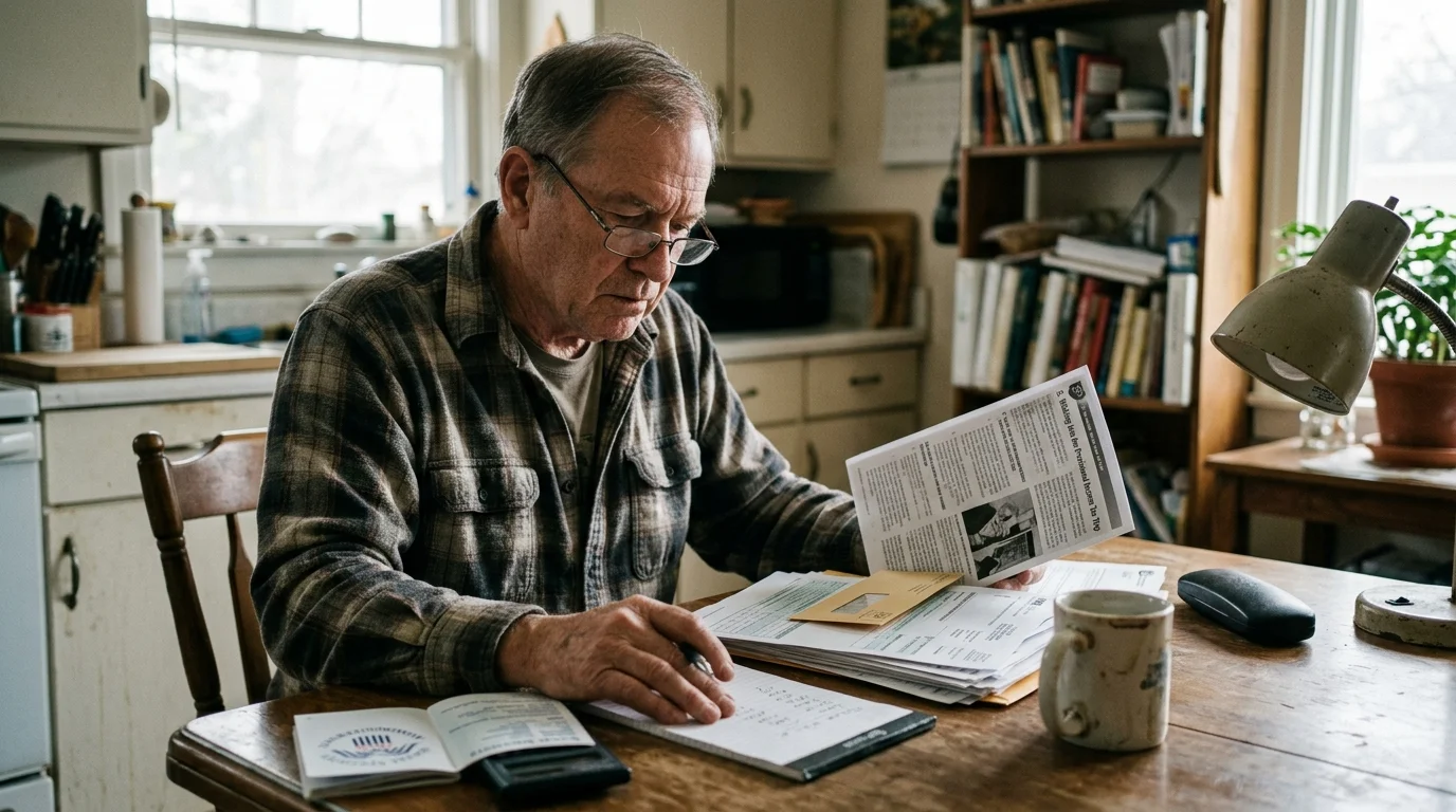 An older man wearing glasses and a plaid shirt sits at a wooden table reviewing paperwork, letters, and a notebook.