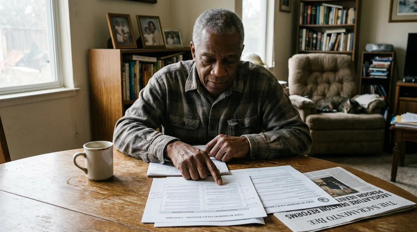 An older man sits at a wooden table pointing at financial documents next to a coffee mug and newspaper.