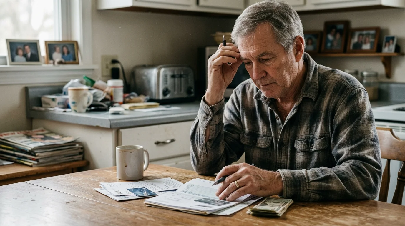 An older man in a plaid shirt sits at a kitchen table looking stressed while reviewing bills, cash, and credit cards.