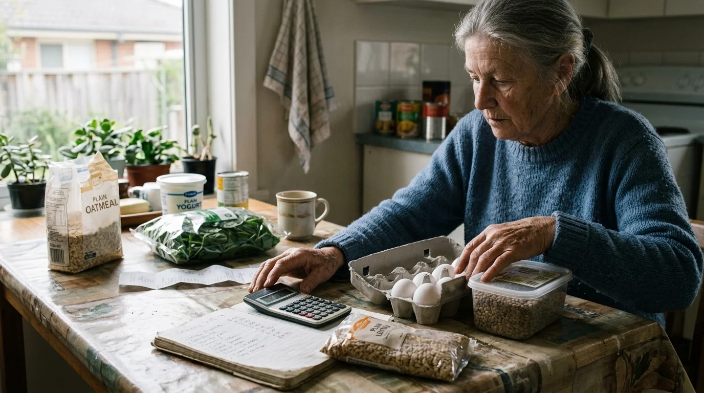 Senior woman sitting at a table calculating grocery costs next to eggs, lentils, oatmeal, and a budget ledger.