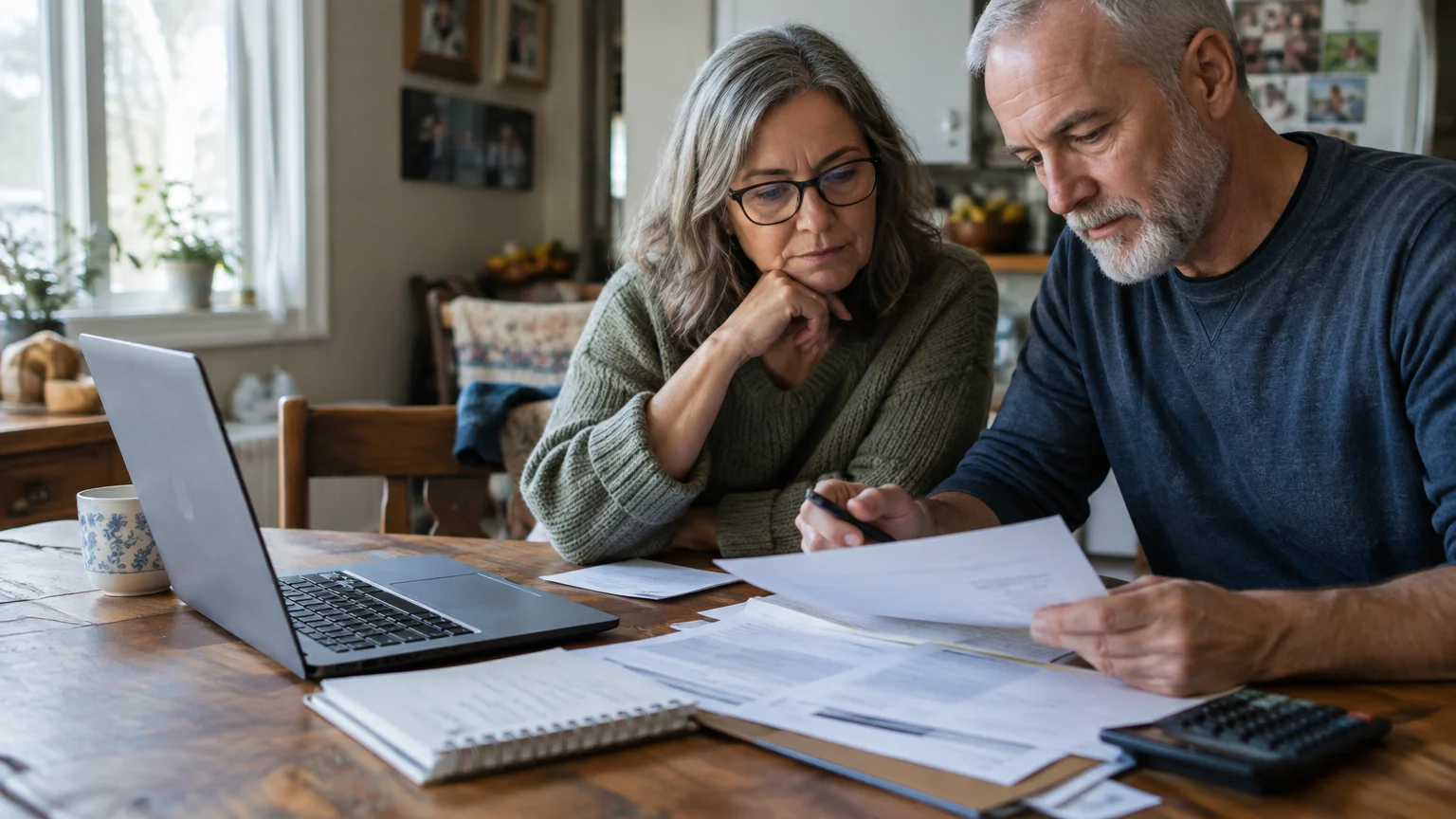 An older couple reviews financial paperwork together at a wooden dining table with a laptop and calculator.