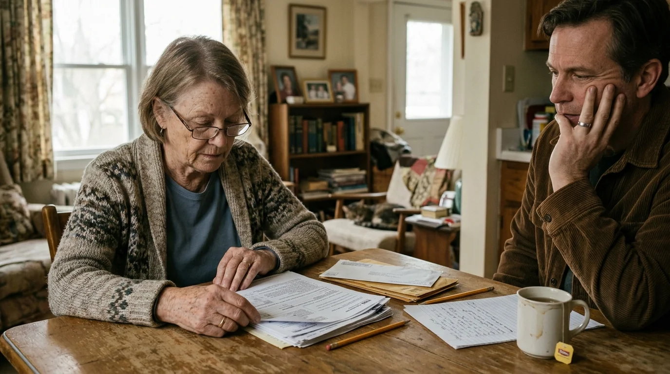 A senior woman wearing glasses reviews documents at a wooden table next to a concerned man resting his chin on his hand.