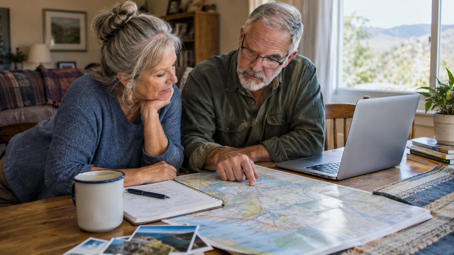 Senior couple studying a large paper map together at a dining table with a laptop, notebook, and coffee mug.