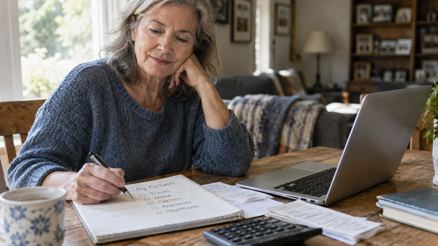 Senior woman sitting at a wooden table with a laptop and calculator, writing a list of big purchases in a notebook.