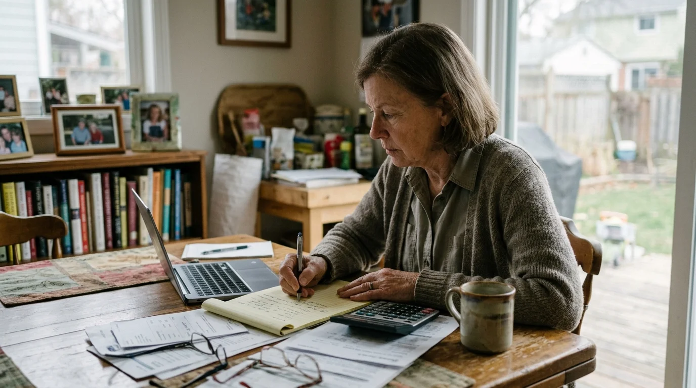 A woman sits at a wooden dining table with a laptop, calculator, paperwork, and pen, reviewing financial documents.