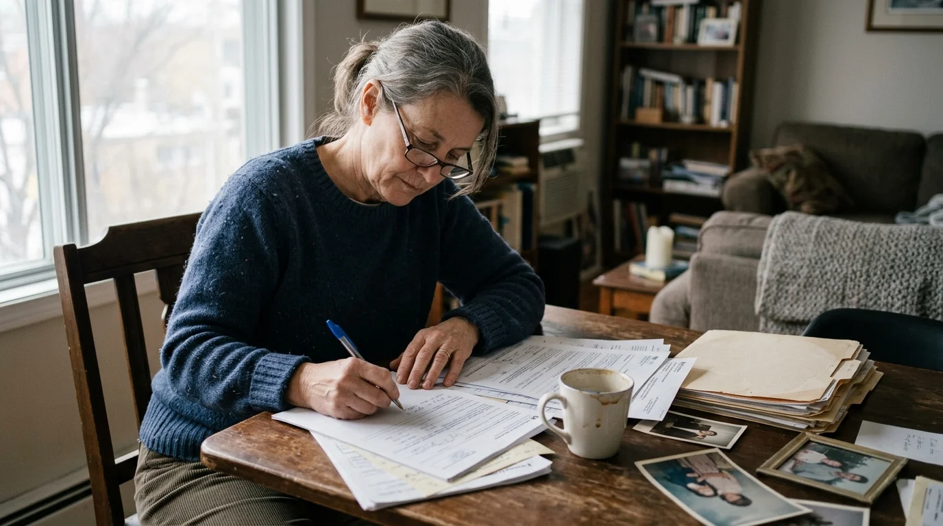A woman wearing glasses sits at a wooden table filling out paperwork surrounded by documents, photos, and a coffee mug.