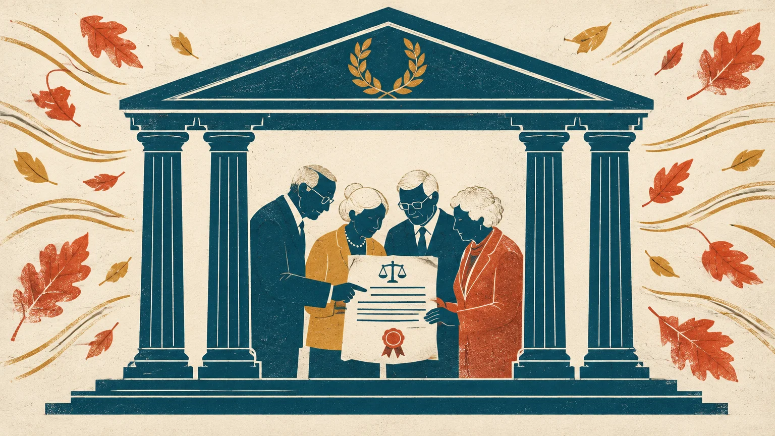 Four older adults examine a legal document framed beneath a classical building portico with swirling autumn leaves.
