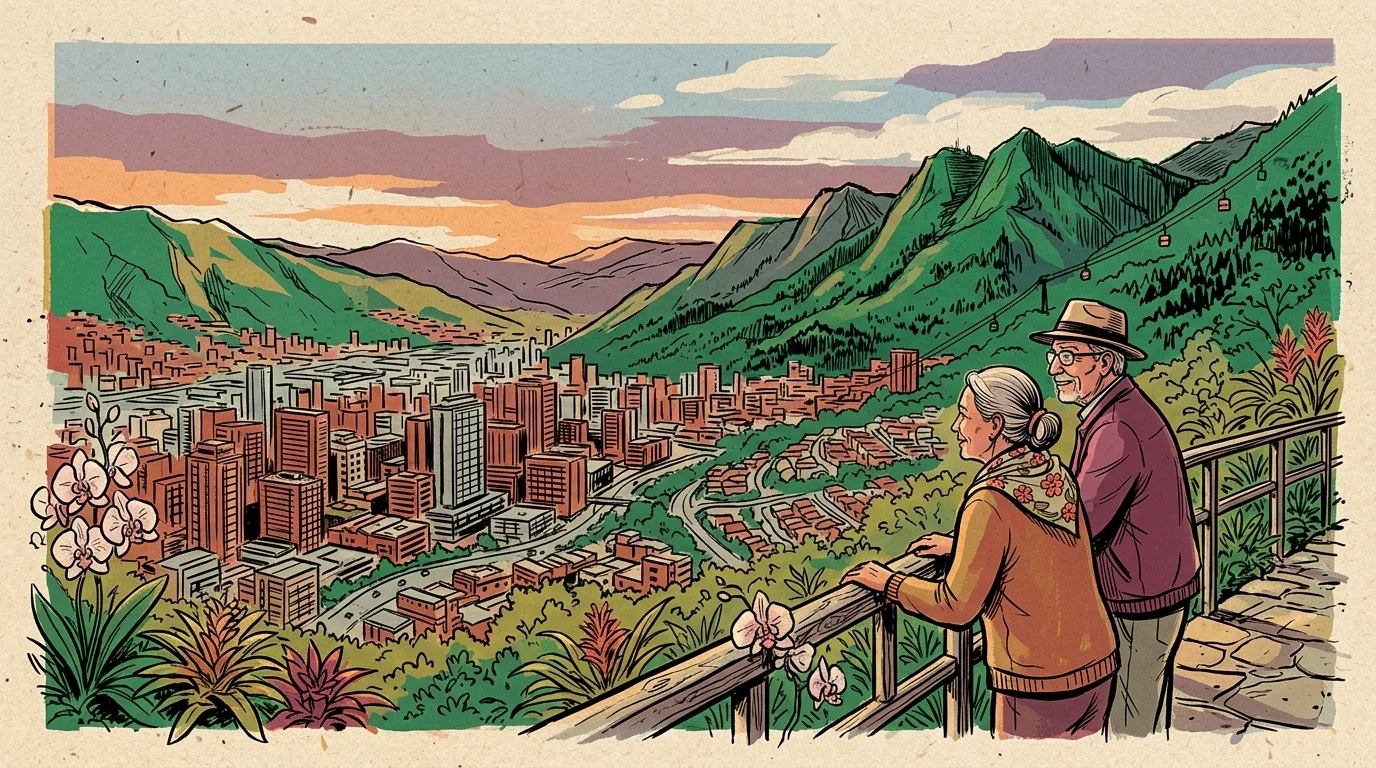 Illustration of an older couple looking out over a sprawling mountain valley city from an elevated terrace.