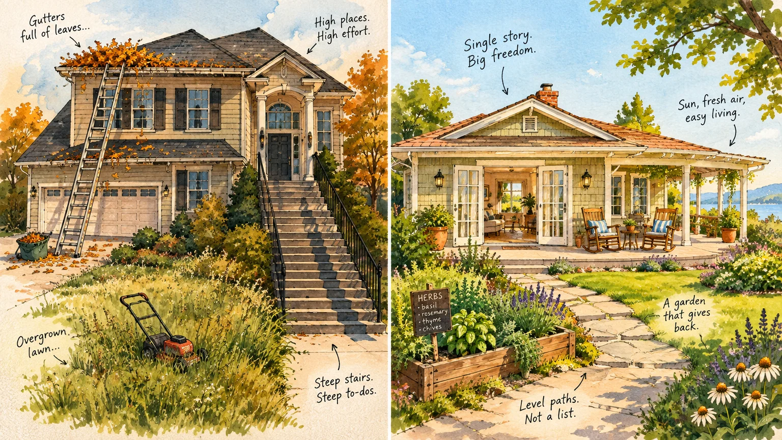 Split illustration contrasting a high-maintenance two-story house with steep steps against an accessible single-story cottage.