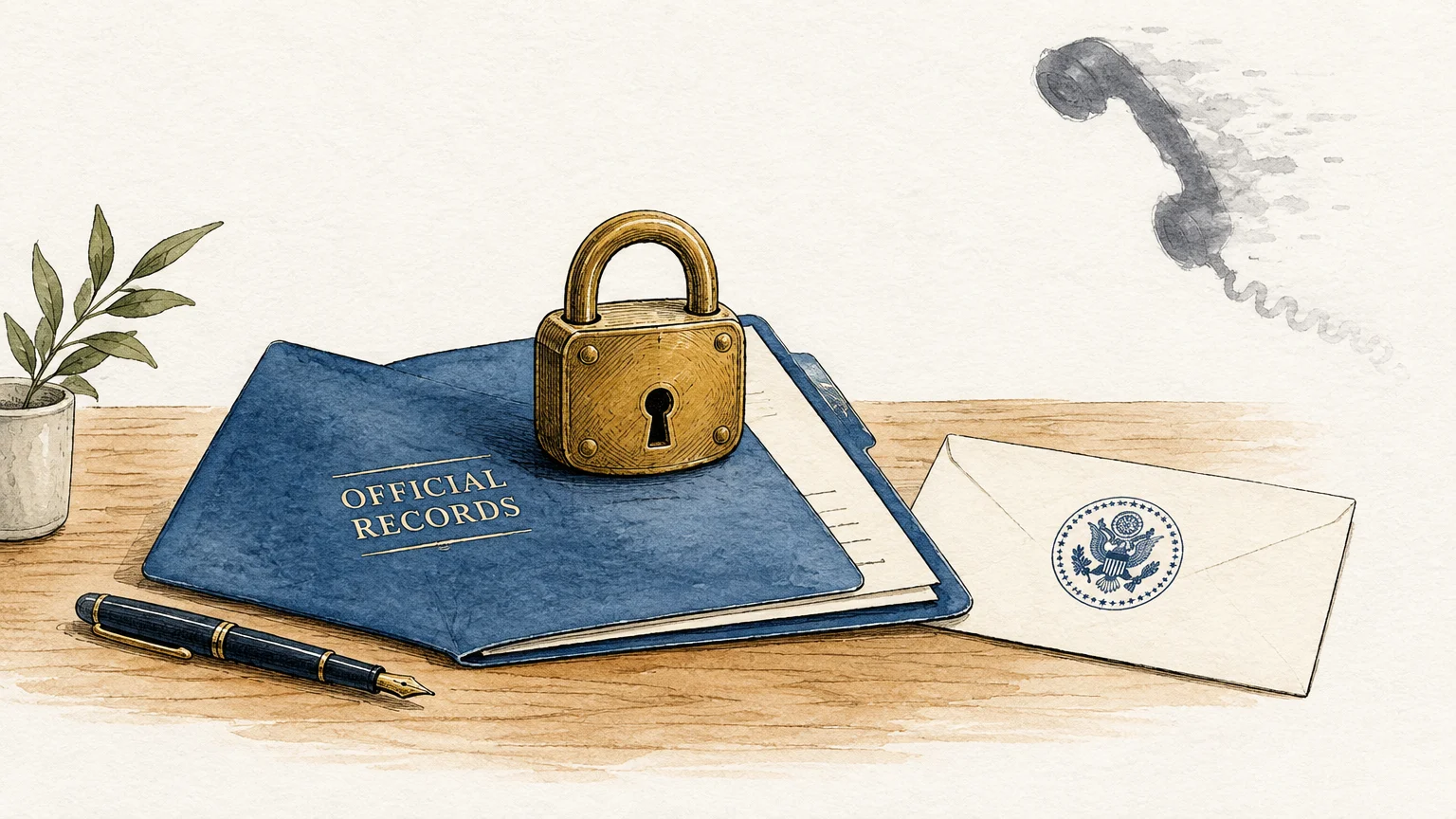 Ink and watercolor illustration of a locked official records folder, a sealed government envelope, and a fading telephone.