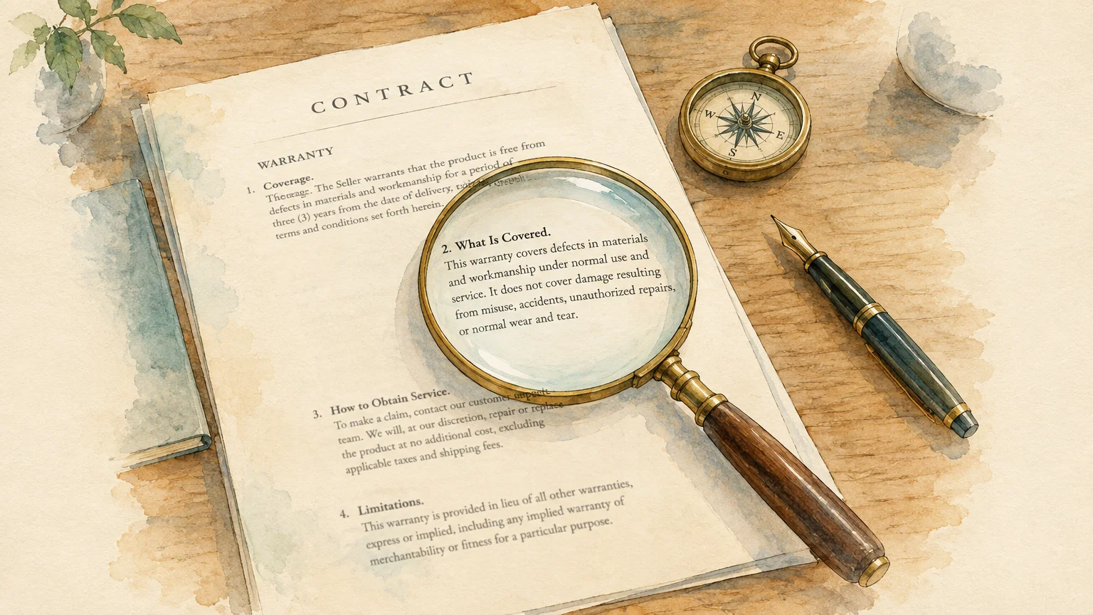 Watercolor illustration of a contract examined under a magnifying glass, next to a fountain pen and brass compass.