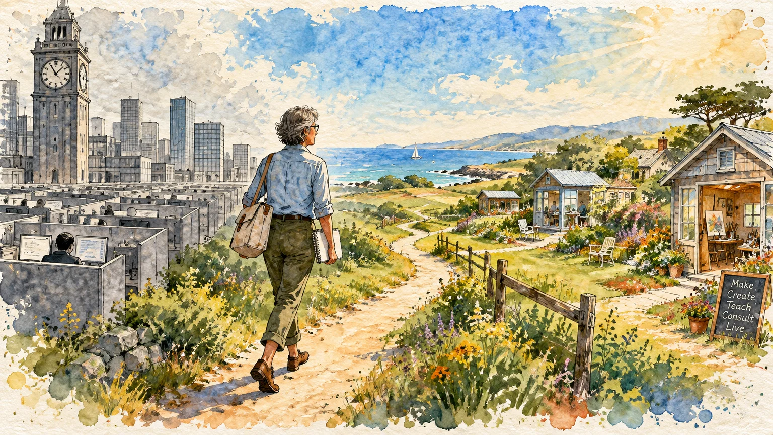 Watercolor illustration of a woman walking away from office cubicles toward coastal cottages and an art studio.