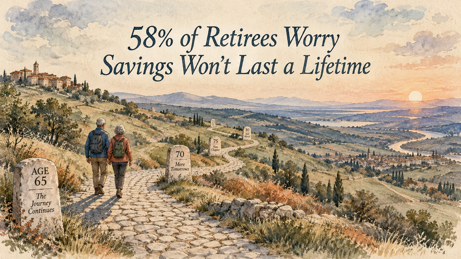 Older couple walks down a stone path past age milestone markers in a scenic watercolor landscape at sunset.