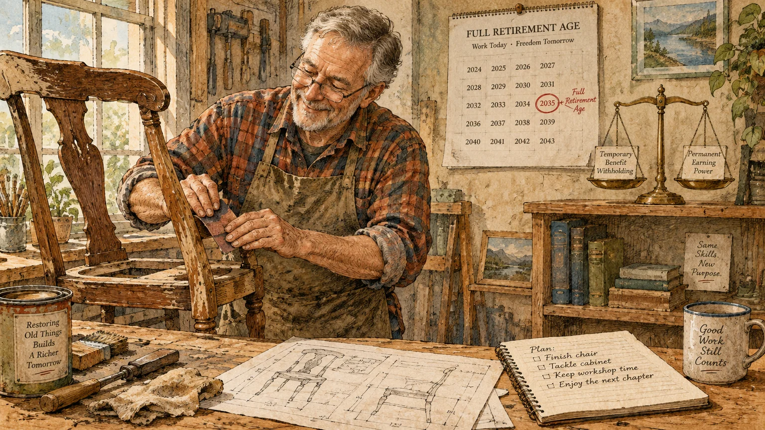 Senior man in an apron sanding a wooden chair in a sunlit workshop beside blueprints, tools, and a wall calendar.