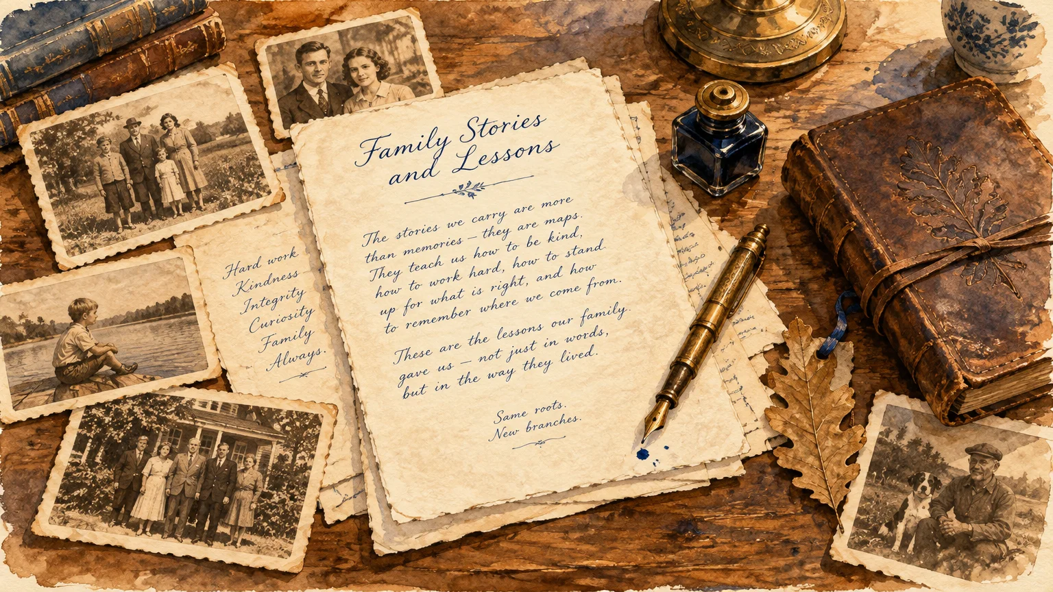 Calligraphy manuscript, vintage photographs, fountain pen, inkwell, and a leather journal on a wooden desk.