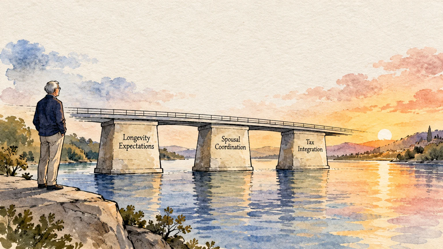 Watercolor illustration of a man viewing a bridge supported by pillars labeled Longevity Expectations, Spousal Coordination, Tax Integration