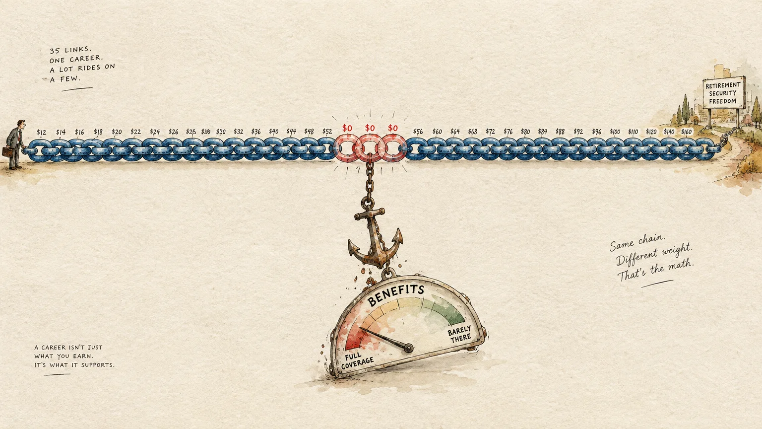 Illustration of a chain with three red zero-dollar links weighing down a gauge marked benefits toward full coverage.