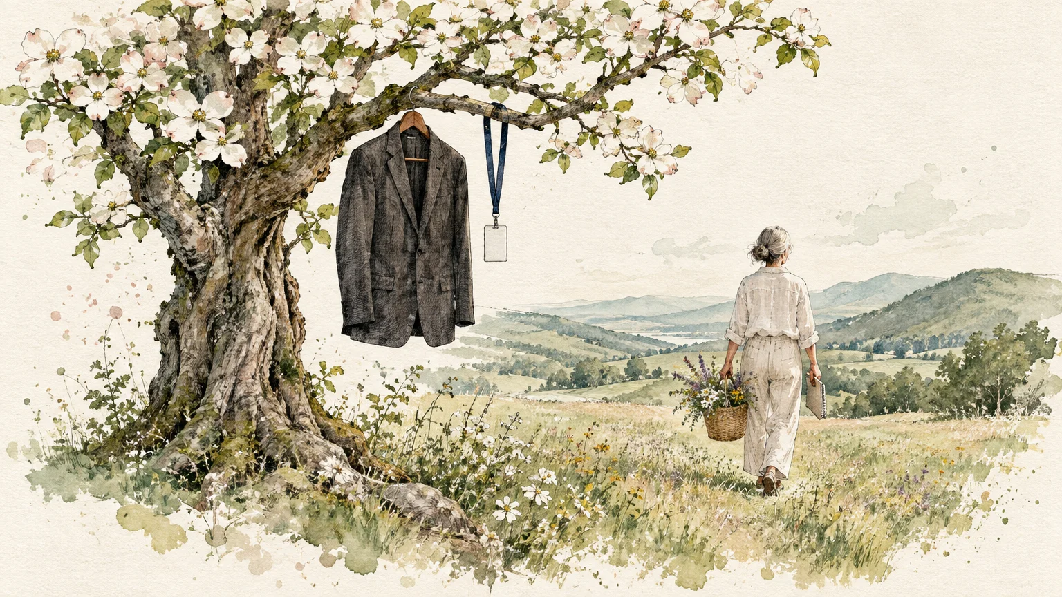 Suit jacket and ID badge hanging from a blooming tree as a woman walks into a meadow holding a flower basket.