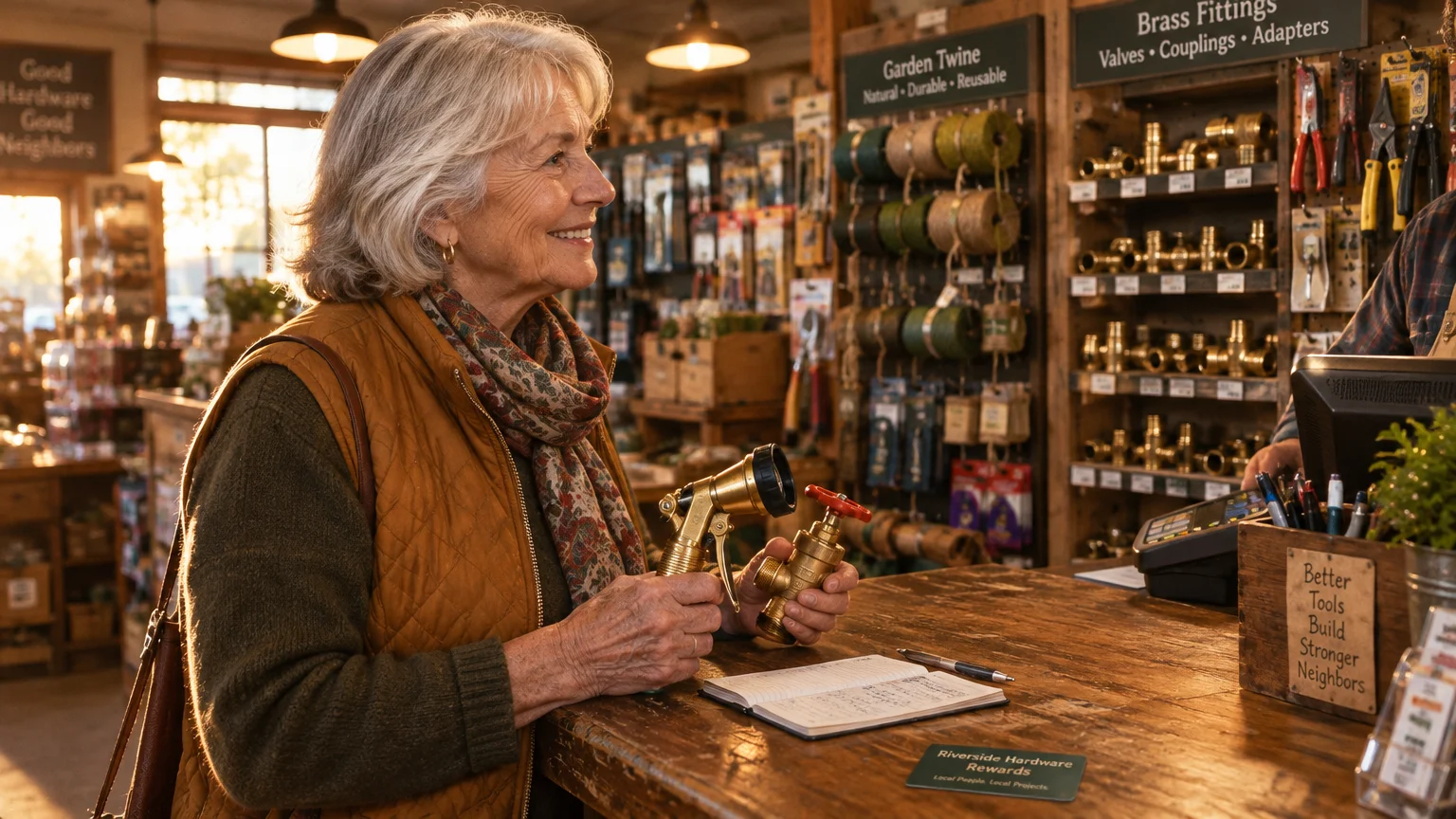 A smiling senior woman holds brass hardware fittings at a wooden store checkout counter.