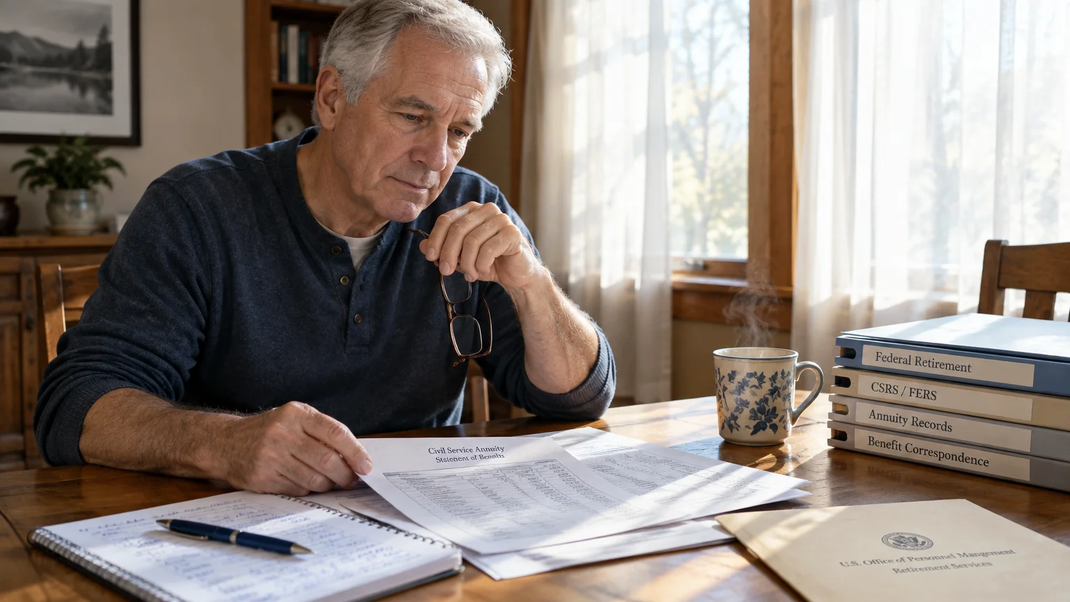 A senior man sits at a wooden table reviewing civil service annuity papers beside retirement folders and a mug.