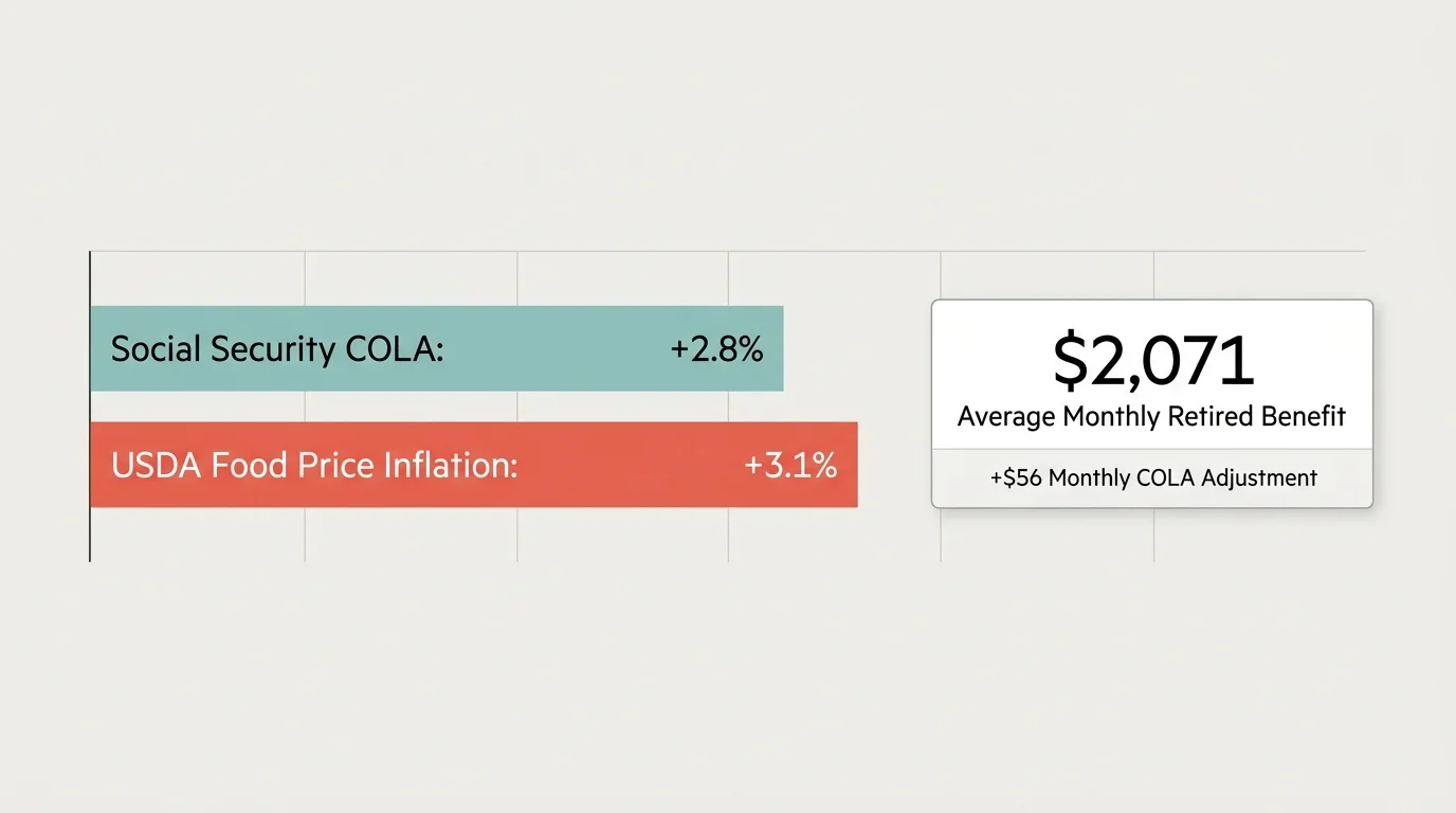 Bar chart comparing +2.8% Social Security COLA against +3.1% USDA Food Price Inflation, alongside a $2,071 benefit card.
