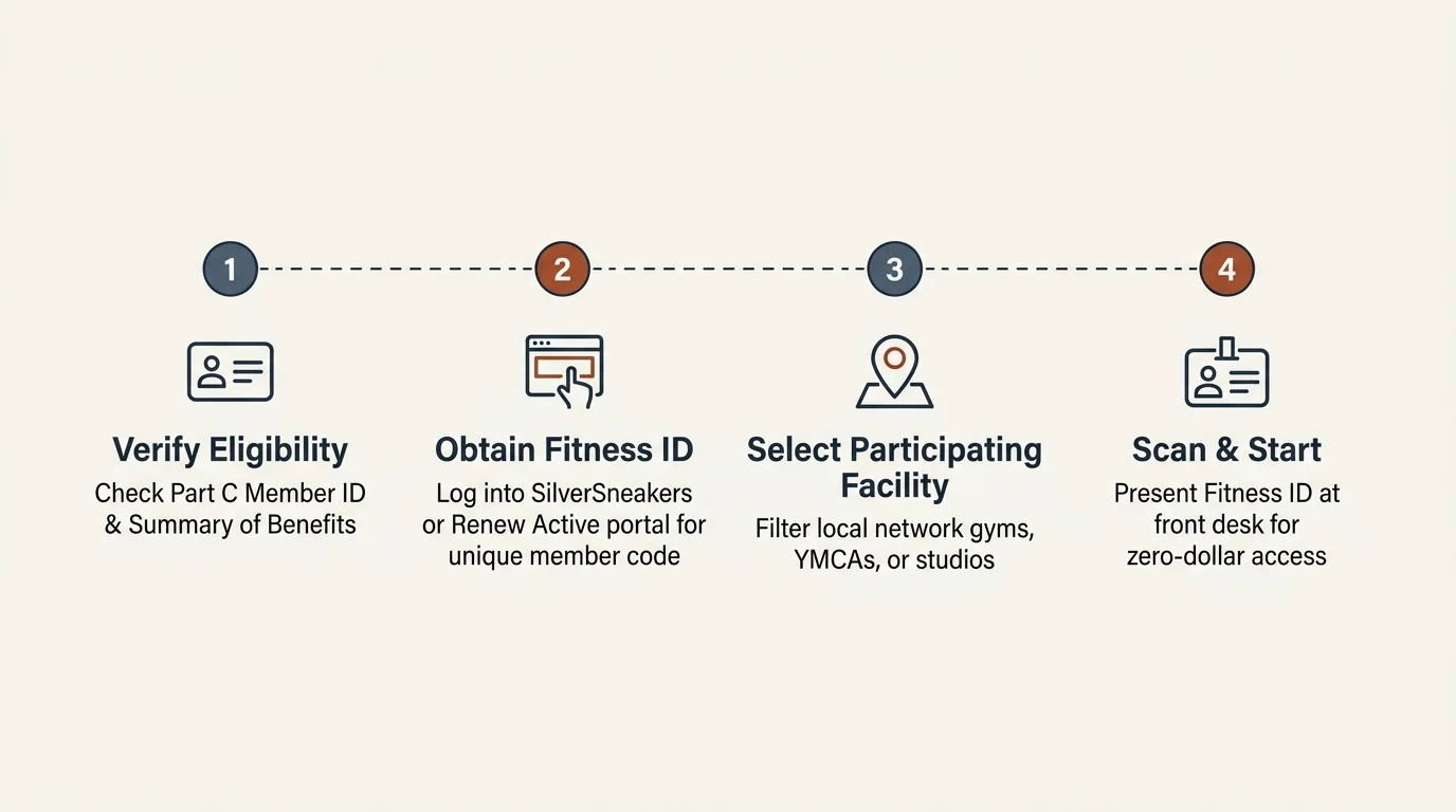 Four-step diagram showing how to verify eligibility, obtain a fitness ID, select a facility, and scan for gym access.