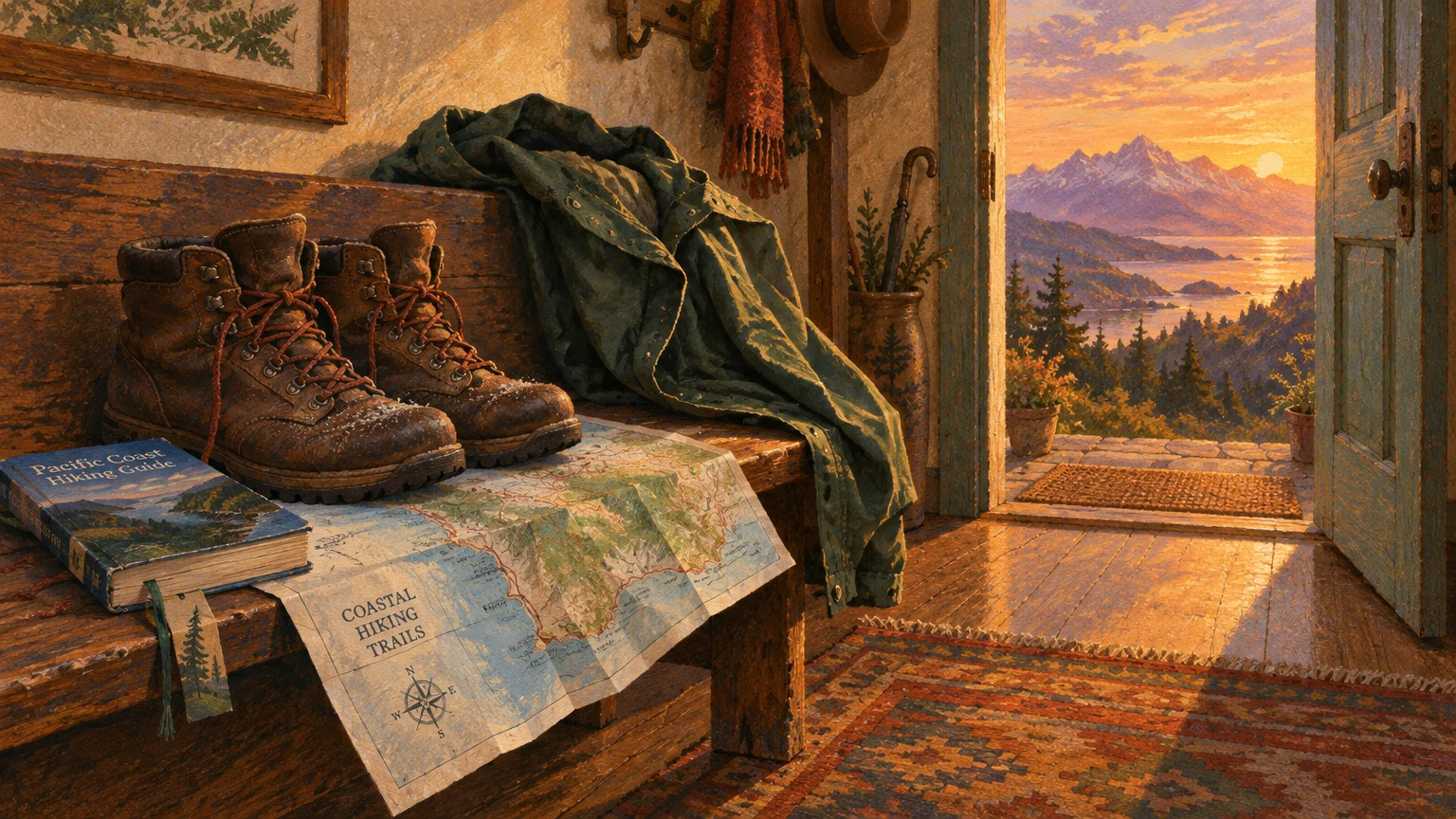 Hiking boots, a guidebook, and a map rest on an entryway bench facing an open doorway overlooking mountain peaks at sunset.