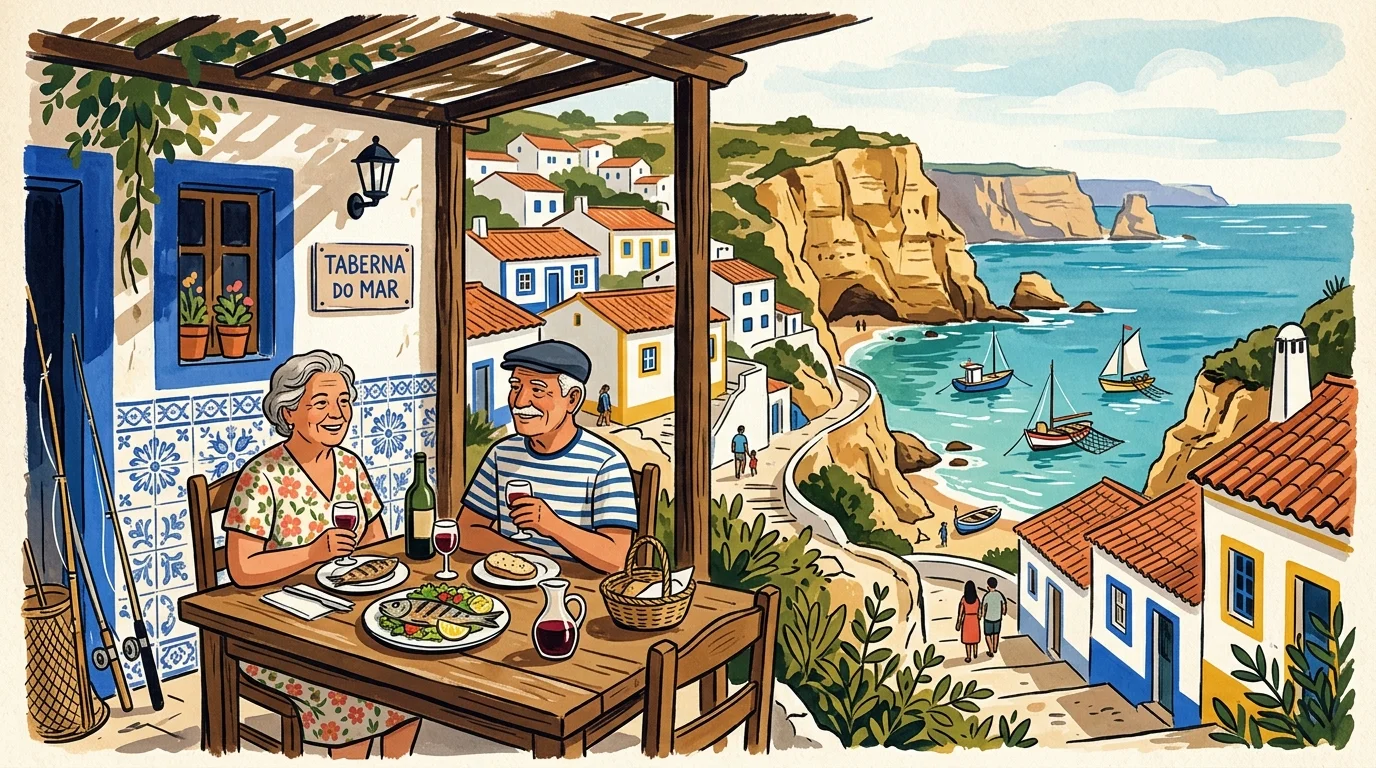 Illustration of an older couple dining at an outdoor patio overlooking a coastal village, beach, and cliffs.