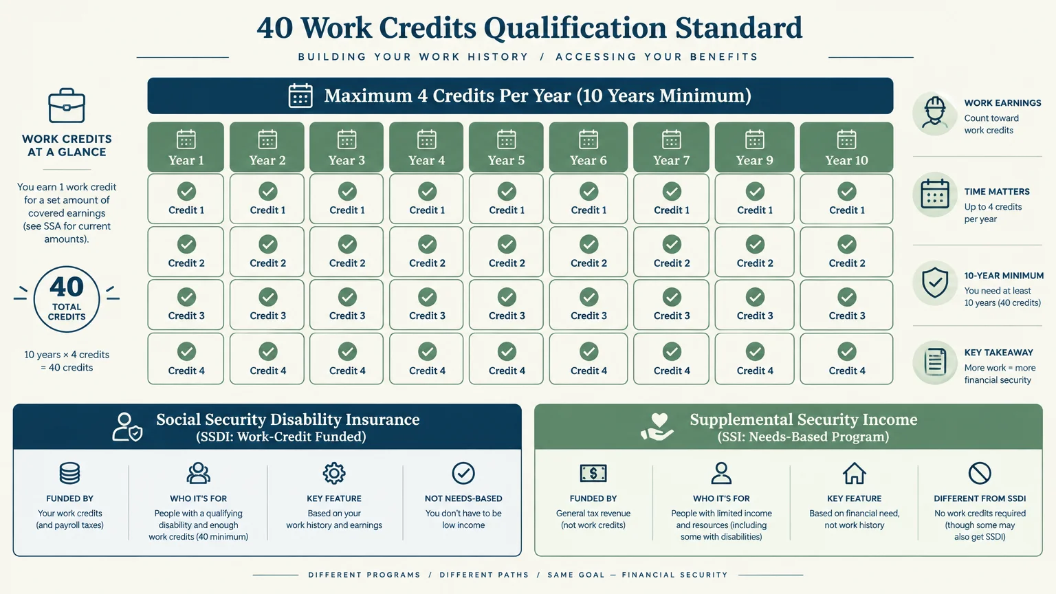 Diagram outlining 40 work credits earned over 10 years alongside comparisons between SSDI and Supplemental Security Income.