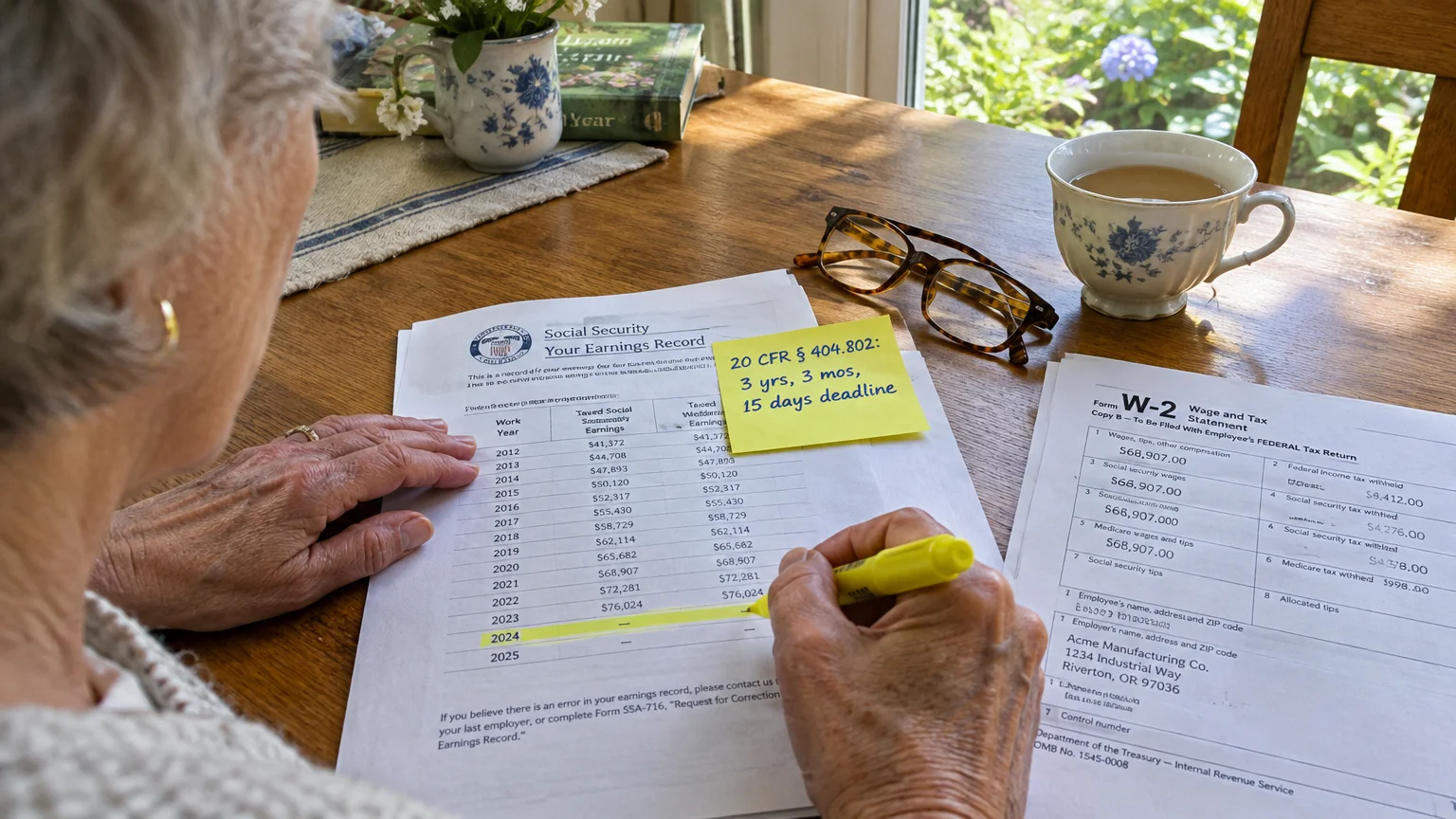 Person reviewing a Social Security earnings record with a yellow highlighter beside a W-2 form and sticky note.