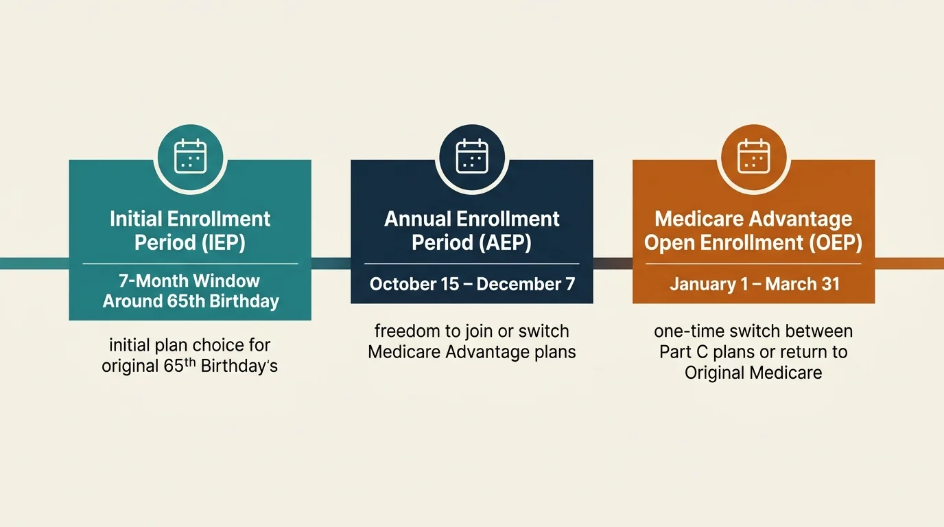 Infographic timeline displaying Medicare enrollment periods: Initial Enrollment Period, Annual Enrollment Period, and Open Enrollment.