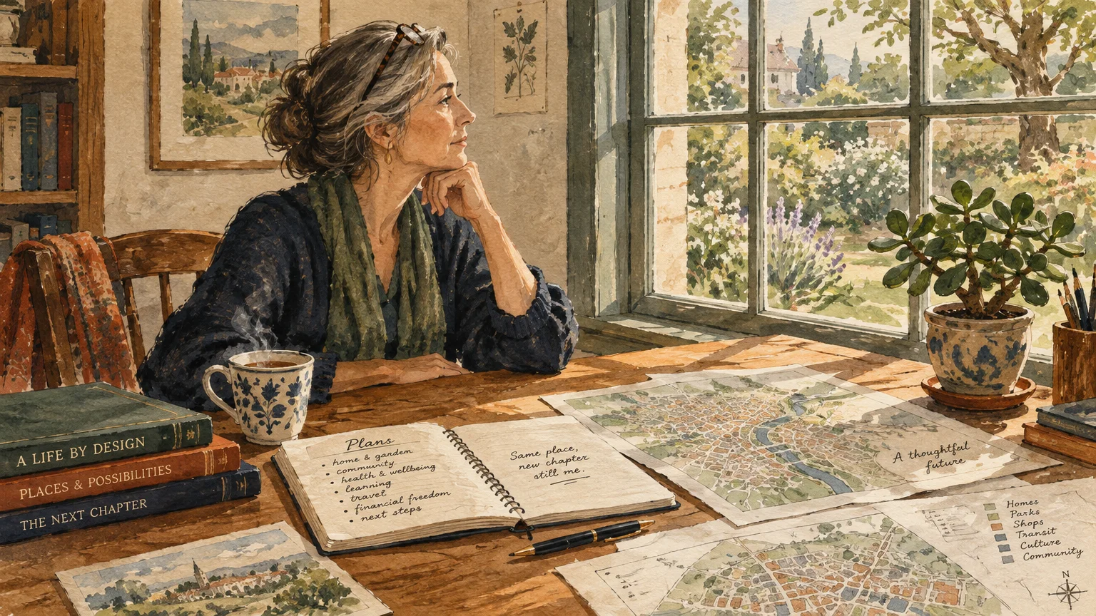 Watercolor of a mature woman sitting at a sunlit wooden desk with maps and notebooks, gazing out a window at a garden.