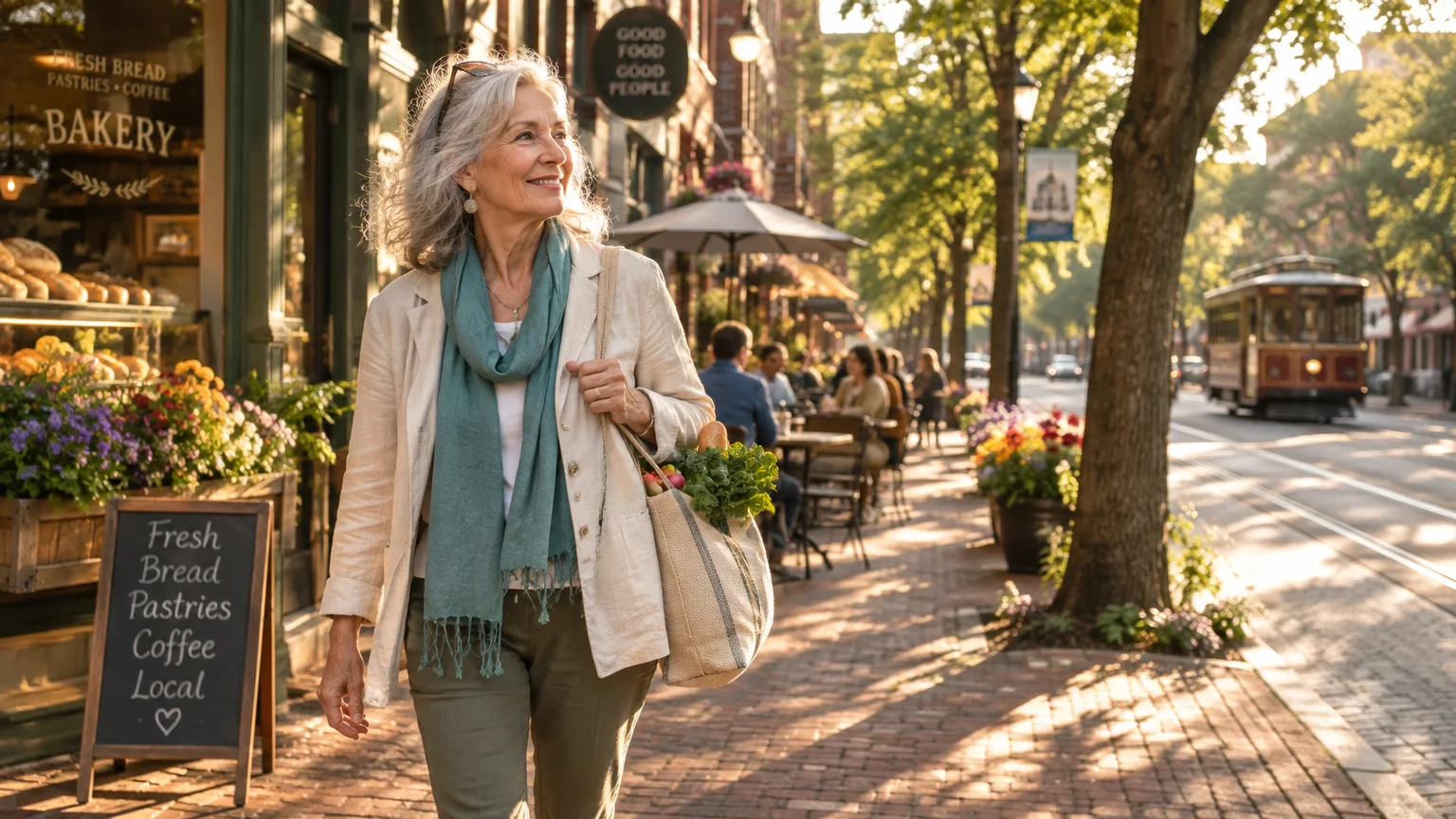 Smiling senior woman carrying groceries walks down a brick sidewalk past a bakery and streetcar.