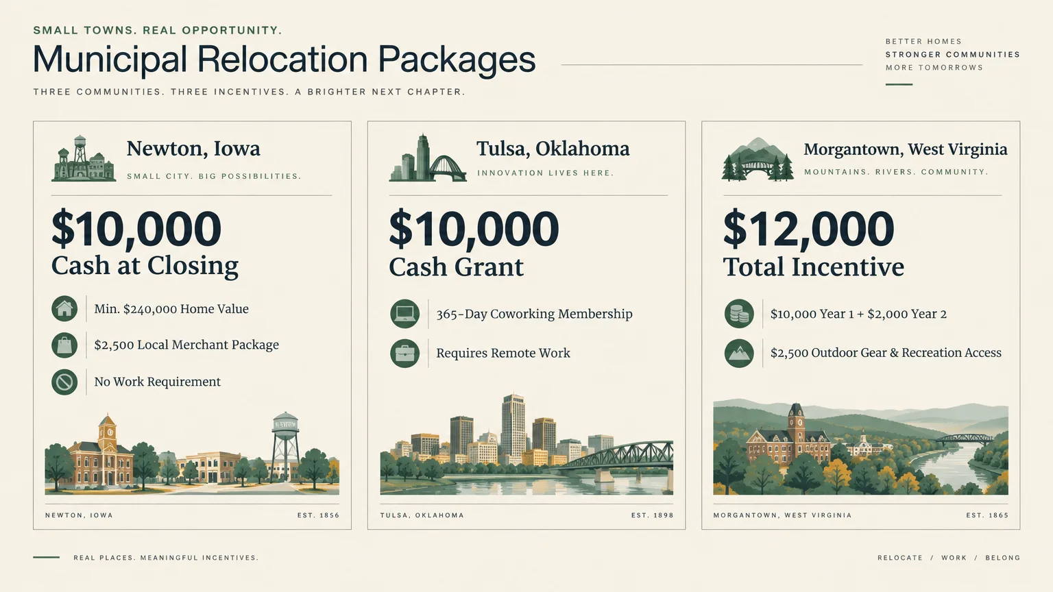 Infographic comparing municipal relocation packages for Newton, Iowa, Tulsa, Oklahoma, and Morgantown, West Virginia.