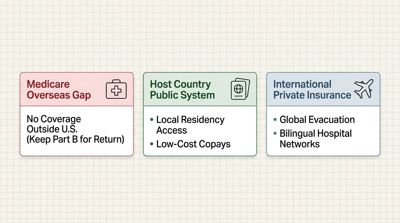 Three cards comparing Medicare Overseas Gap, Host Country Public System, and International Private Insurance options.