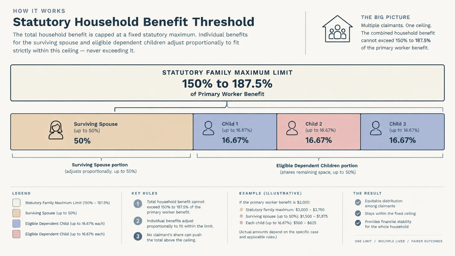 Diagram showing statutory household benefit limits split between a surviving spouse and three eligible dependent children.