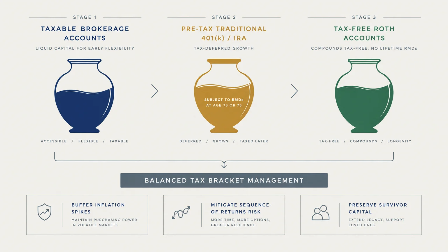 Diagram illustrating three stages of retirement accounts—taxable, pre-tax, and Roth—flowing into balanced tax management.