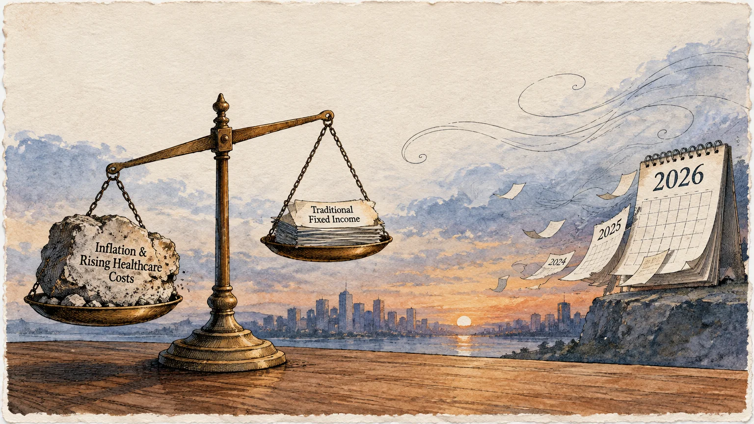 Illustration of a balance scale tipped toward inflation costs over fixed income, beside calendars dated through 2026.
