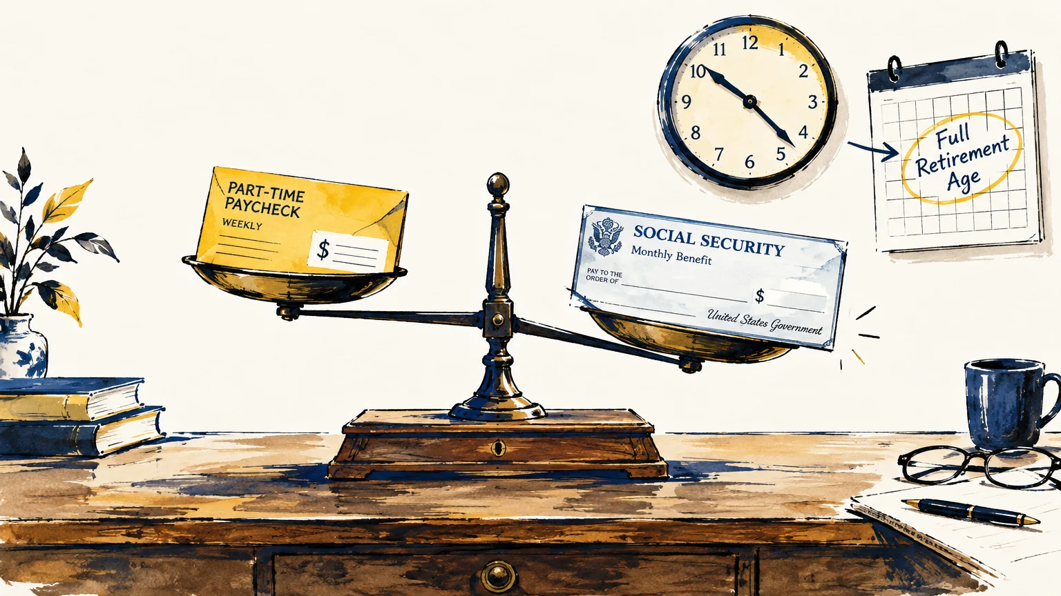 Balance scale weighing a part-time paycheck envelope against a Social Security check near a clock and calendar.