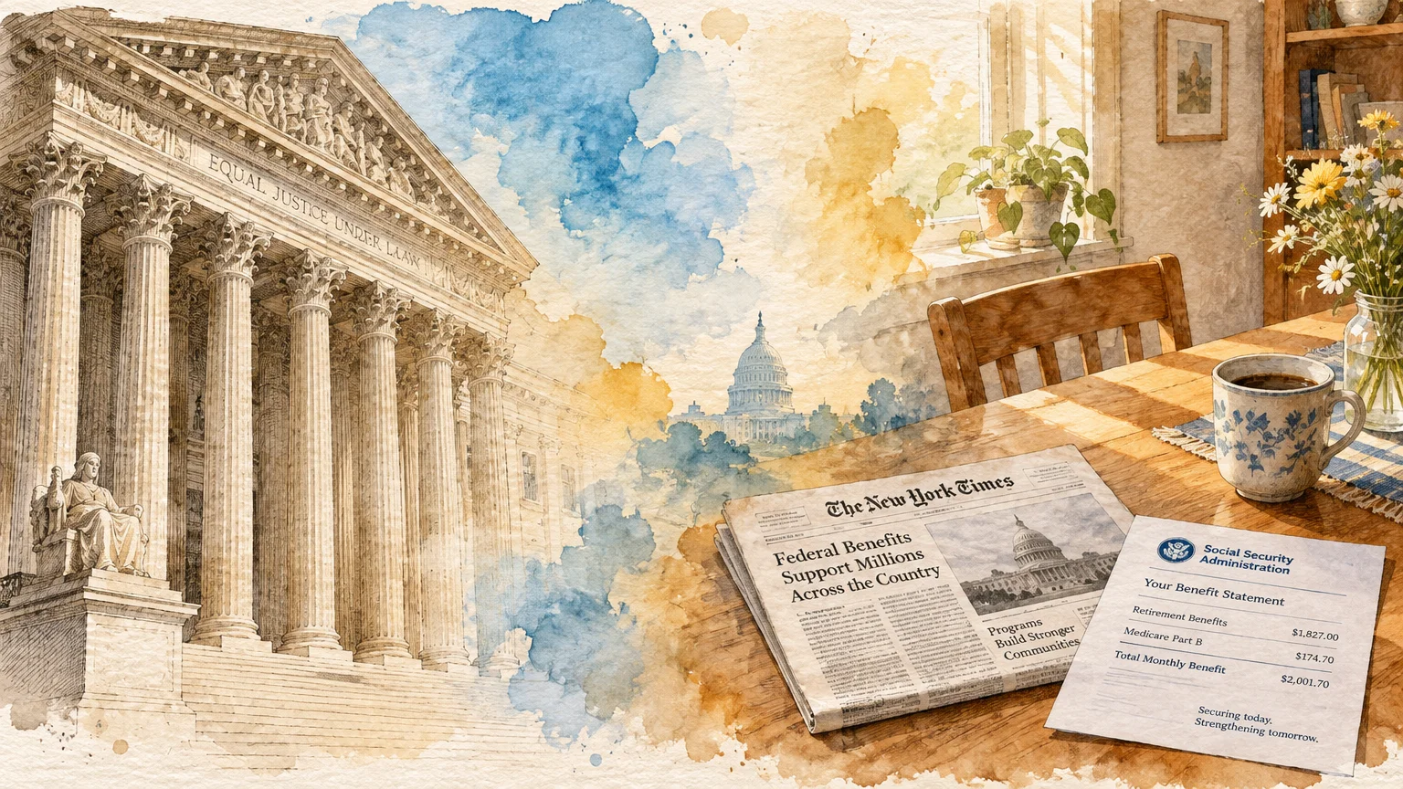 Watercolor illustration blending government buildings with a wooden table holding a newspaper and a Social Security statement.