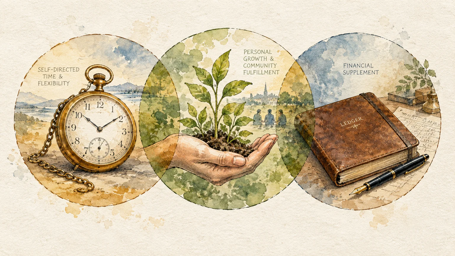 Watercolor triptych showing a pocket watch, a hand holding a sprout, and a leather ledger with a fountain pen.