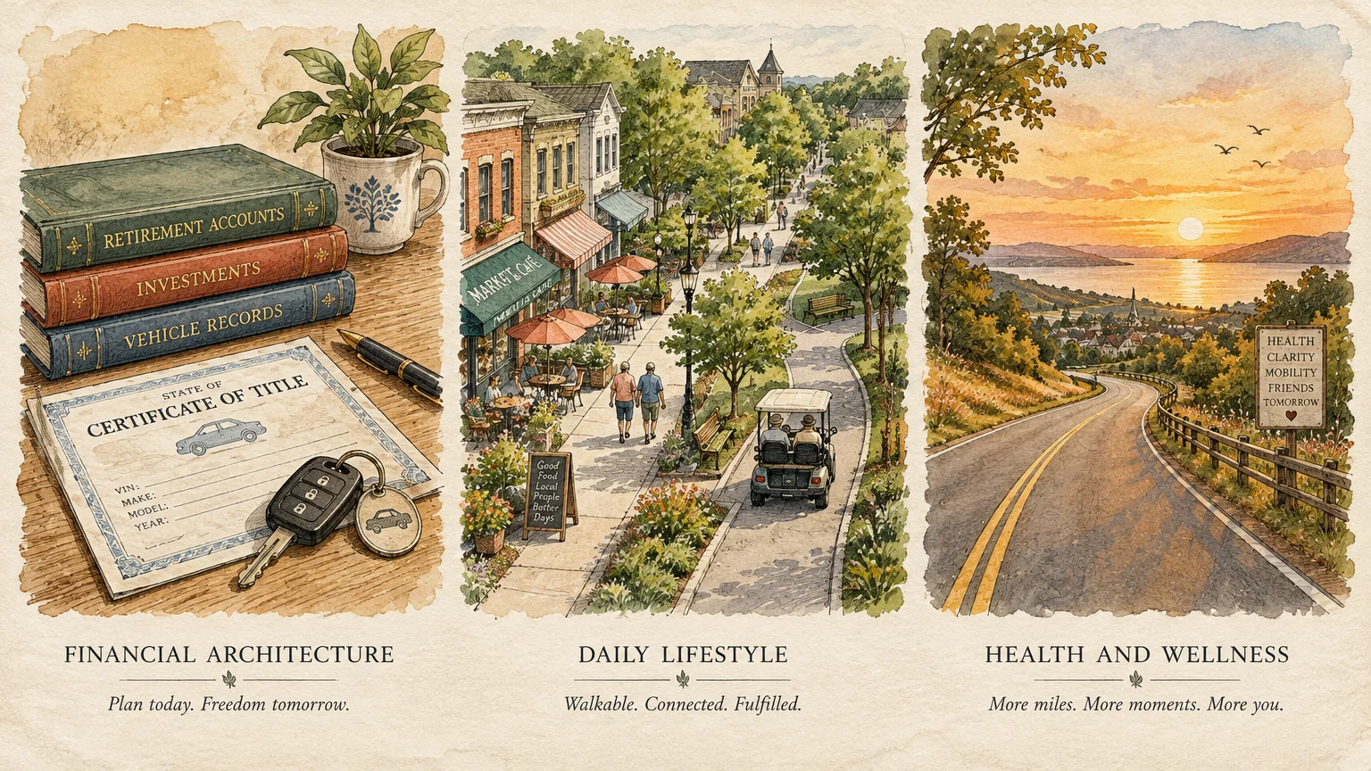 Triptych watercolor of vehicle title documents, a walkable town street, and a scenic winding road at sunset.